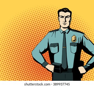 Pop art strong policeman. Cartoon beautiful man in blue uniform. Vintage advertising poster. Comic hand drawn vector illustration.
