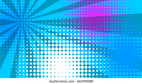 Pop art style abstract blue, lilac retro vintage strip as a vector halftone dot radial backdrop. 