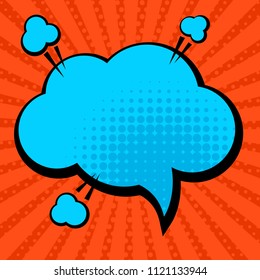 pop art style background with comic speech bubble for text. Vector bright dynamic cartoon illustration. Abstract creative concept. Pop art style blank layout template with clouds beams and dots