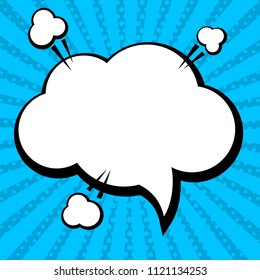 pop art style background with comic speech bubble for text. Vector bright dynamic cartoon illustration. Abstract creative concept. Pop art style blank layout template with clouds beams  and dots