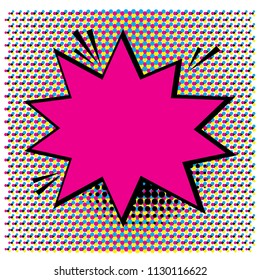 pop art style background with comic speech bubble for text. Vector bright dynamic cartoon illustration. Pop art style blank layout template with dots pattern on background.