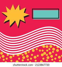 Pop art style background design consisting of wavy lines, dots, rectangle and speech burst with colors such as red, yellow and blue. For banner, flyer, poster and card