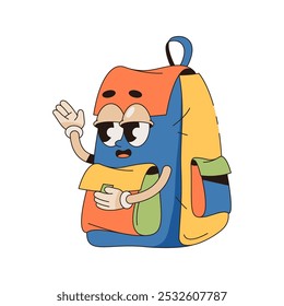 Pop Art Rucksack oder Vektortasche Charakter. Lustige Schultasche oder Reisegepäck mit Gesicht. Cartoon oder Comic Rucksack für Kinder oder Studenten. Bildung Maskottchen Design. Rucksacksymbol. Gepäck.