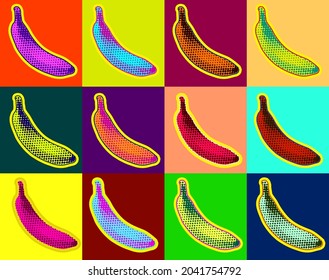 Banana estilo arte pop en estilo punto medio-tono. Patrón vectorial en un fondo psicodélico multicolor y repetido.