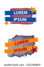Pop Art style banner design with ribbons, stars and halftone effekt,  grunge wave stains, vector brushes strock banner design