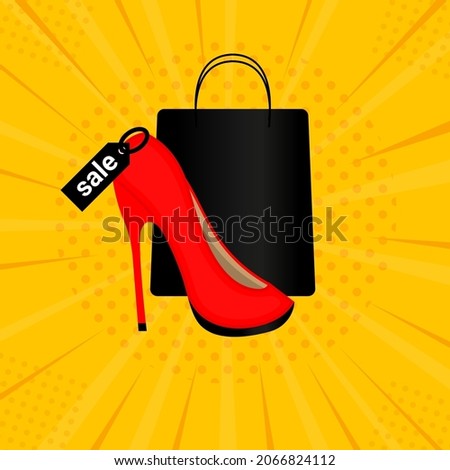 Pop art style banner discount womens shoes sale Cheerful design stylish background shopping bag Discount womens choice Composition vector design for sale banner template Vector illustration
