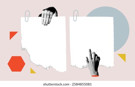 Pop art style banner with halftone body parts. Hands holding torn pieces of paper. Modern collage with newspaper parts. Template with copy space