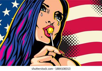 Pop art style beautiful crying woman licking lollipop on american flag background. I love USA. Valentines day pop art style.