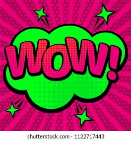pop art style blue background with comic red WOW speech bubble. Vector bright dynamic cartoon illustration with WOW text. Pop art style blank with WOW expressionwith clouds beams and dots pattern