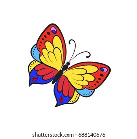 Pop art style butterfly patch badge. Vector sticker, pin, patch, illustration in cartoon 80s-90s comic style