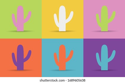 Pop art style cactus vector pattern on multiple and repeated colorful psychedelic background.