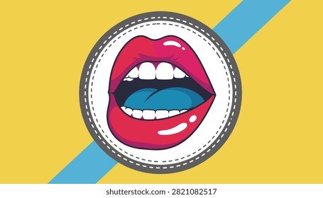 Pop art style circular patch of open mouth with red lipstick, white teeth, and bright blue tongue.