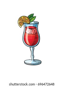 Pop art style cocktail patch badge. Hand drawing alcoholic cocktail illustration. Vintage cocktail icon with ice, orange and leaves of mint, beverage for bar or pub menu