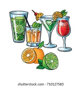 Pop art style cocktails set patch badge. Hand drawing alcoholic cocktails and fruit l illustration. Vintage cocktail icon with ice, limes orange and leaves of mint, beverage for bar or pub menu