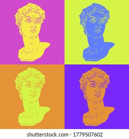 Pop art style collage with colorful gypsum heads.