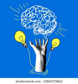 Pop art style collage. Halftone hand controls brain. Brain, light bulb. Intelligence, knowledge accumulation. Сut out newspaper elements. Modern design. Idea, inspiration, marketing concept.