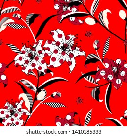 Pop art style of colorful Blooming Lily garden flower in and fun mood fill-in with polka dots and striped seamless pattern vector design for all prints on summer red background color