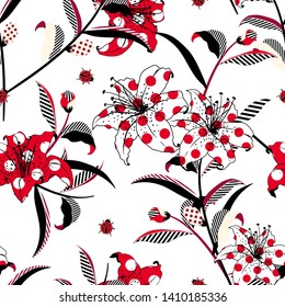 Pop art style of colorful Blooming Lily garden flower in and fun mood fill-in with polka dots and striped seamless pattern vector design for all prints on summer red background color