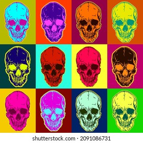 Pop art style colorful skull vector pattern on multiple and repeated colorful psychedelic background.