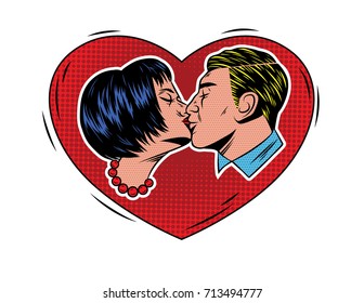 Pop art style colorful vector print with kissing couple. A man is kissing a woman in a frame in the shape of a heart. 