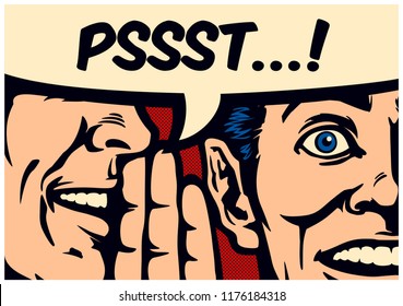 Pop Art style comic book panel gossip man whispering secret or news in ear of surprised person with speech bubble, rumour, word-of-mouth concept vector illustration