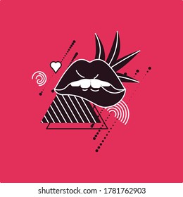 Pop Art style comic book panel composition with black lips and graphic elements  on the red background. Vector Illustration
