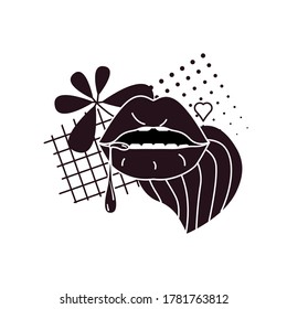 Pop Art Comicbuchkomposition mit schwarzen Lippen und grafischen Elementen auf weißem Hintergrund. Vektorgrafik