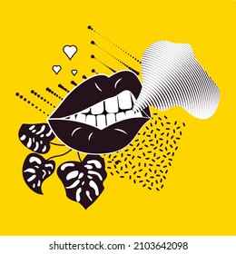 Pop Art style comic book panel composition with black lips and graphic elements on the yellow background. Vector Illustration