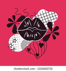 Pop Art style comic book panel composition with black lips and graphic elements on the red background. Vector Illustration