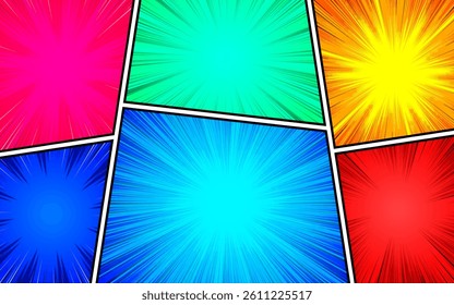 Pop art style comic book page template. Colorful background with radial and halftone effects.
