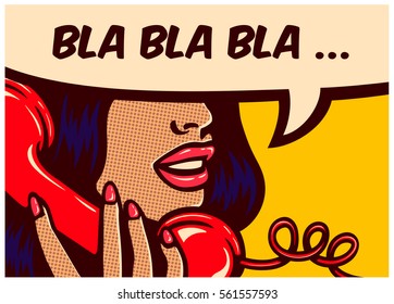 Pop art style comic book panel with girl talking nonsense bla bla on vintage phone gossip chatter in speech bubble vector poster design illustration