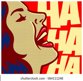 Pop art style comic book woman having fun and laughing out loud vector poster design illustration
