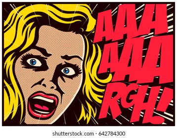 Pop Art style comic book panel with terrified woman in a panic screaming in fear vector poster design illustration