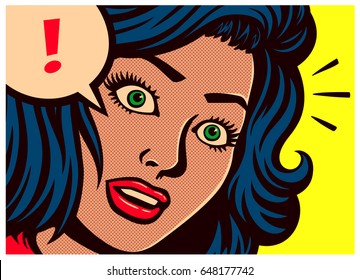 Pop art style comic book panel with woman surprised and speech bubble with exclamation mark poster design vector illustration