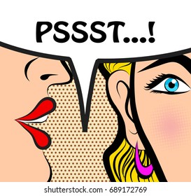 Pop Art style comic book panel gossip girl whispering in ear secrets with speech bubble, rumor, word-of-mouth concept vector illustration