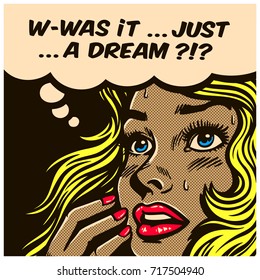 Pop art style comic book panel doubtful wondering woman can't tell reality from fantasy, daydreaming, dreams, delusion, vector illustration