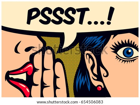 
Pop Art style comic book panel gossip girl whispering in ear secrets with speech bubble, rumor, word-of-mouth concept vector illustration