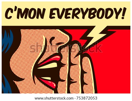 
Pop Art style comic book panel girl calling and yelling out loud with speech bubble, call to action concept vector illustration
