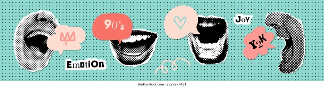 Pop Art style comic lips calling and yelling out loud with speech bubble. Halftone collage stickers set with call to action concept. Offset textured vector illustration