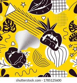 Estilo Pop Art comic composición de patrones sin fisuras con labios negros y elementos gráficos en el fondo amarillo. Ilustración vectorial