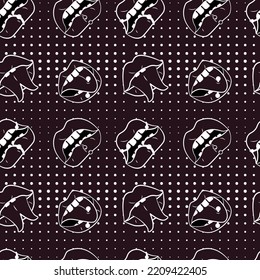 Estilo Pop Art comic composición de patrones sin fisuras con labios y elementos gráficos en el fondo negro. Ilustración vectorial