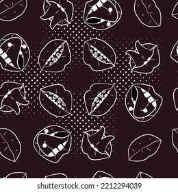 Pop Art style comic seamless pattern composition with lips and graphic elements on the black background. Vector Illustration