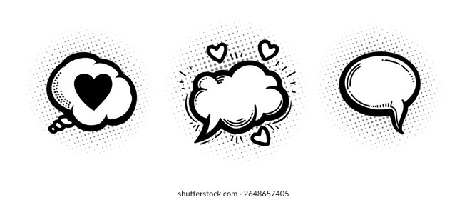 Estilo de arte Pop Burbujas de discurso cómico con amor y corazón Elementos Vector