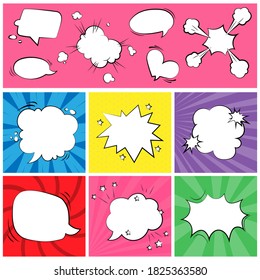 Estilo de arte pop. Llamada al diálogo de plantillas de historietas. Burbujas y marcos coloridos para el discurso sobre el fondo del estilo de un libro de historietas