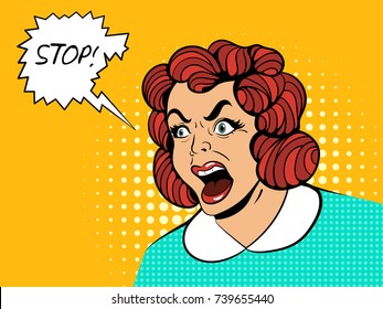 Pop Art style comic terrified screaming woman, vector poster design illustration