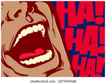 Pop art style comics panel mouth of man laughing out loud comedy lol vector illustration