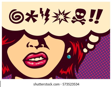 Pop art style comics panel angry woman grinding teeth with speech bubble and swear words symbols vector poster design illustration