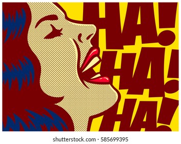 Pop art style comics panel woman laughing out loud vector poster design illustration