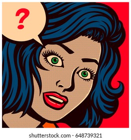 Pop art style comics panel with perplexed, puzzled or confused woman and speech bubble with question mark vector poster design illustration