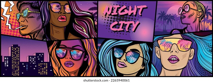 Pop art style comics with people and night city. Vector art illustration. 